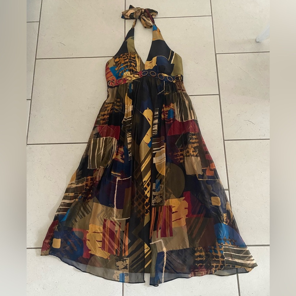 Robbie Bee Silk y2k Halter Patchwork Colorful Maxi Dress 6 Petite